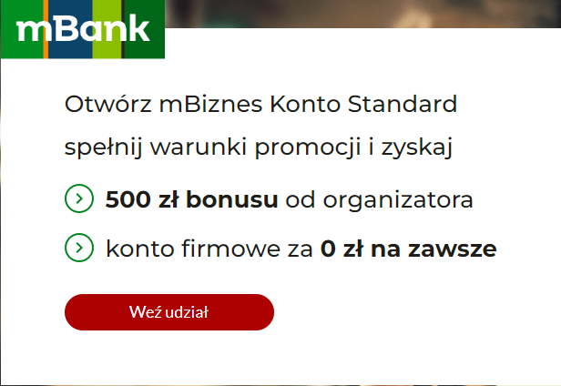 mBank – 500 zł premii + zwolenienie z opłat za konto firmowe!